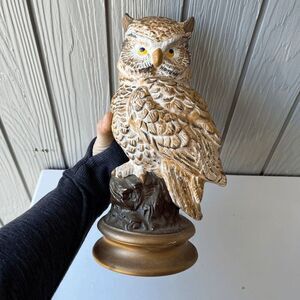 VTG 1973 Hand-Painted Ceramic Owl Sculpture Signed Artist Gold Base Retro Decor